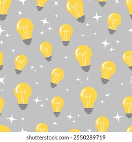  Seamless pattern with yellow light bulbs on a gray background. Good idea