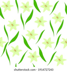 Nahtloses Muster, gelbe Lilien und grüne Blätter auf weißem Hintergrund. Die Mädchen haben den Blumendruck im Sommer gezeichnet. Große Blumen, elegante Textur für Textilien oder Tapeten, Vektordesign eps10