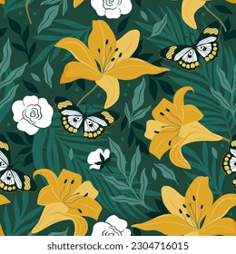Patrón sin foco con lirios amarillos, hojas y mariposas. Gráficos vectoriales.