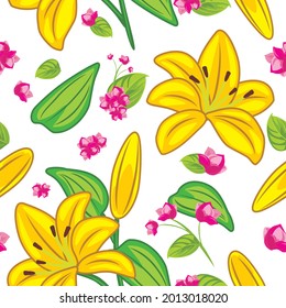 Patrón sin foco con lirios amarillos y flores silvestres rosas. Vector