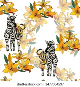 Seamless pattern with yellow lilies and zebra