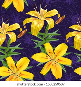 Seamless pattern. Yellow lily flowers on a dark background.