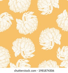 Nahtlose Muster mit einer gelben Linie Chrysanthemum Blumen natürlichen Ornament. Nahtlose Blumenmuster auf gelbem Hintergrund. Herbstblume, Tapete.