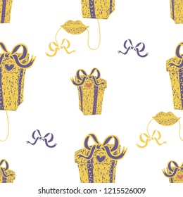 seamless pattern with yellow lips holding a thread with gift box as balloon isolated on a white background