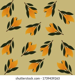Seamless pattern with yellow mango fruit on branches with green leaves.