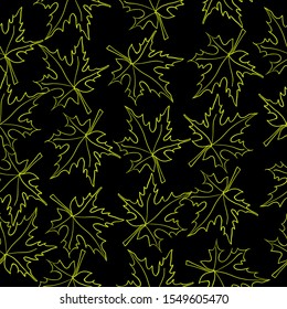 Seamless pattern of yellow maple leaves on a black background.