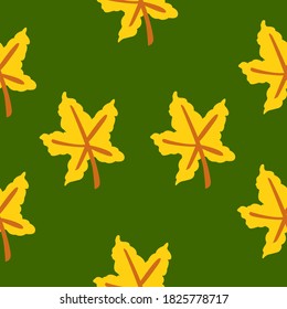 Seamless pattern with yellow maple leaves. Brown stem. Green background. Autumn or summer. Nature or ecology. Doodle cartoon style. For postcards, wrapping paper textile, wallpaper and scrapbooking