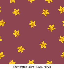 Nahtloses Muster mit gelben Ahornblättern. Brauner Stamm. rosafarbener Hintergrund. Herbst oder Sommer. Natur oder Ökologie. Doodle Cartoon Stil. Für Postkarten, Verpackungspapiertextilien, Tapeten und Scrapbooking