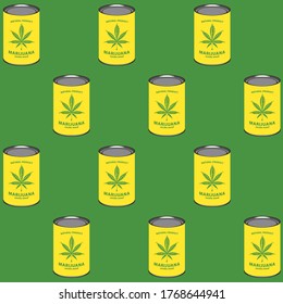 Patrón sin foco con latas de marihuana amarillas en el fondo verde en estilo retro. Maleza fumeante, cannabis enlatado. Ilustración de vectores repetible, adecuada para papel de pared, papel de envoltura, tela