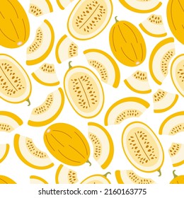 Seamless pattern of yellow melons, halves and pieces of melon on a white background. Melon seeds. Vector illustration