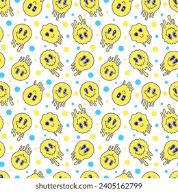 Seamless pattern with yellow melting emoticons on white background.