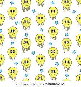 Seamless pattern with yellow melting emoticons on white background.