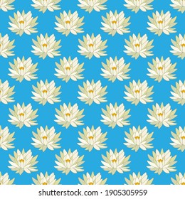 Seamless pattern with Yellow or Mexican waterlily (Nymphaea mexicana), aquatic plant flowers on blue background. Vector illustration.