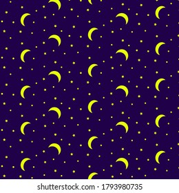Patrón sin foco de luna amarilla y estrella aislada en un fondo morado oscuro. 