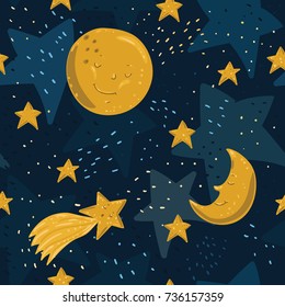 Seamless pattern with yellow moon, stars and comet with faces on dark sky background in cartoon style. Vector illustration.