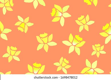 Seamless pattern with yellow narcissus flowers on orange background. Daffodil flower. Early spring or summer. Hand drawn vector illustration