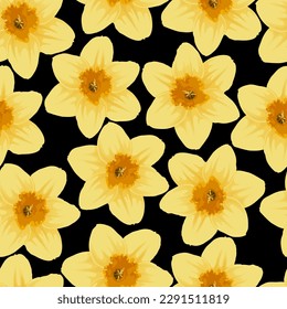 Seamless pattern with yellow narcissus flowers on black background.