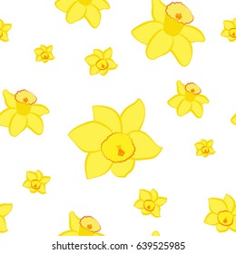 Seamless pattern. Yellow narcissus flowers different sizes isolated on white. Vector