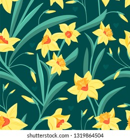 Seamless pattern of yellow narcissus with green leaves. Vector illustration for textile, postcard, wrapping paper, poster, background, book, t-shirt.
