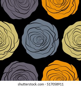 Seamless pattern with yellow and neutral rose flowers, vector floral illustration in vintage style.