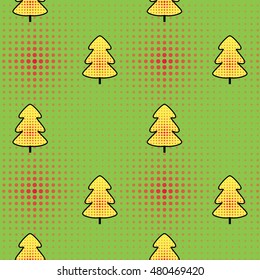 Seamless pattern with yellow new year tree. Vector illustration on green with red dots  background. New Year concept seamless pattern in pop-art colors.