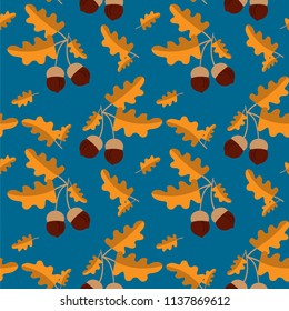Seamless pattern of yellow oak leaf branches with acorns on blue background. Vector illustration.	