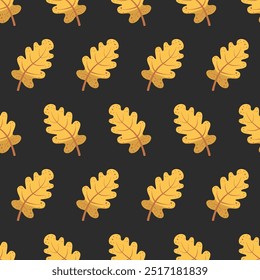 Seamless pattern of yellow oak leaves on a black background. The leaves are illustrated in a simple style