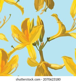 Seamless pattern with yellow Oleander flower. Rhododendron Cosmopolitan flowers on blue background. 