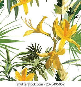 Seamless pattern with yellow Oleander flower, palm leaves. Rhododendron Cosmopolitan flowers on white background. 