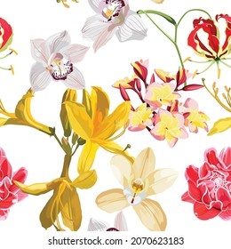 Seamless pattern with yellow Oleander, orchids, plumeria flower. Rhododendron Cosmopolitan flowers on white background. 