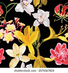 Seamless pattern with yellow Oleander, orchids, plumeria flower. Rhododendron Cosmopolitan flowers on black background. 