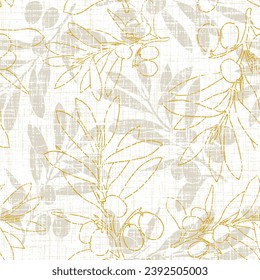 Seamless pattern with yellow olive branches. Elegant vector background.Olive seamless pattern. Hand drawn olive branch background. Old fashion olive decorative texture for label, pack.