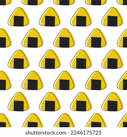 Patrón sin foco con onigiri amarilla. Sencillas bolas de arroz japonesas aisladas de fondo blanco. Ilustración vectorial en estilo plano para el papel envoltorio, textil, decoración de embalaje