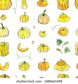 Seamless pattern from yellow orange autumn pumpkin doodles on white backdrop. Fall harvest. Vector stock set. Cute icons with watercolor texture. Can be used for printed materials. Hand drawn. 
