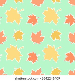Patrón sin fisuras de hojas de arce de otoño amarillo y naranja aisladas sobre fondo verde pastel.