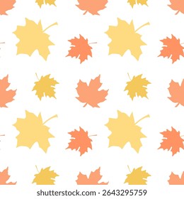 Seamless pattern of yellow and orange autumn maple leaves isolated on white background for Halloween or Thanksgiving day.