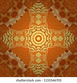 Seamless pattern in yellow, orange and blue colors. Vector abstract home decorative ornament, containing from geometric figures and mandalas.