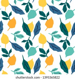 Seamless pattern with yellow, orange and blue leaves. Bright tropical background.