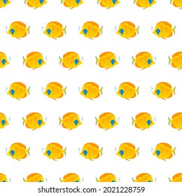 Seamless pattern with yellow, orange and blue striped tropical fish. Colorful flat design cartoon character on a white background. Vector illustration