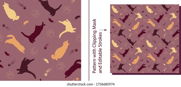 Seamless pattern with yellow, orange, burgundy silhouettes of cats, mouse, contour cat footprint, scratches on plum color background. Cats jump, sit, catch. Vector image in contrasting colors.