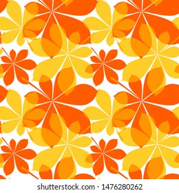 Seamless pattern with yellow and orange chestnut leaves in flat style. Vector illustration on white background
