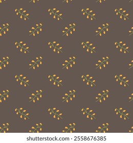 Seamless pattern of yellow and orange flowers on brown background.