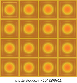 Seamless pattern of yellow and orange glowing circles centered within gradient square tiles forming a vibrant retro geometric grid design. 