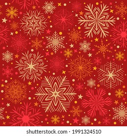Seamless pattern of yellow, orange and golden snowflakes on a red background. For decoration of borders, postcards, posters, flyers for the New Year and Christmas holidays. Vector illustration