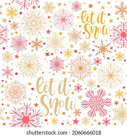 Seamless pattern of yellow, orange and golden snowflakes on a white background. For decoration of borders, postcards, posters, flyers for the New Year and Christmas holidays. Vector illustration