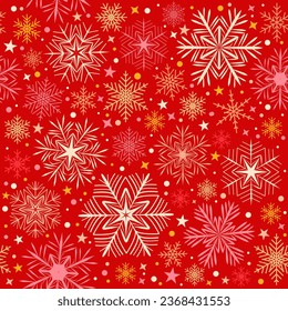 Patrón sin foco de copos de nieve amarillos, naranjas y dorados sobre un fondo rojo. Para la decoración de fronteras, postales, afiches, volantes para Año Nuevo y Navidad. Ilustración del vector