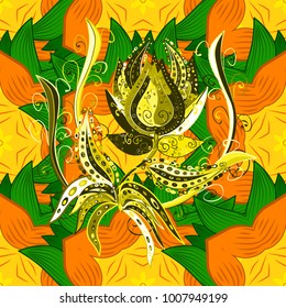 Seamless pattern with yellow, orange and green flowers, watercolor floral pattern, cute flower, tileable for wallpaper, card or fabric. Vector - stock.