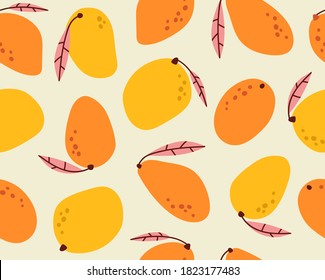 Seamless pattern of yellow and orange mango background elements on a beige background. Set with hand-drawn mango doodles. Colorful background texture for kitchen, wallpaper, textile, fabric, paper. 