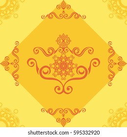 Seamless pattern with yellow and orange ornamental decor. Endless Texture. Oriental Geometric Ornament on yellow background