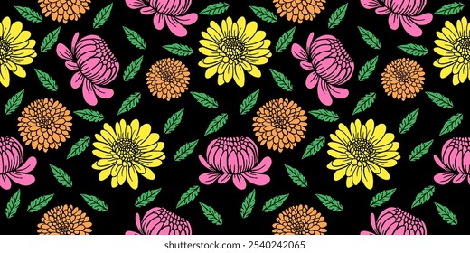 seamless pattern with yellow, orange and pink chrysanthemum flower decoration on a black background